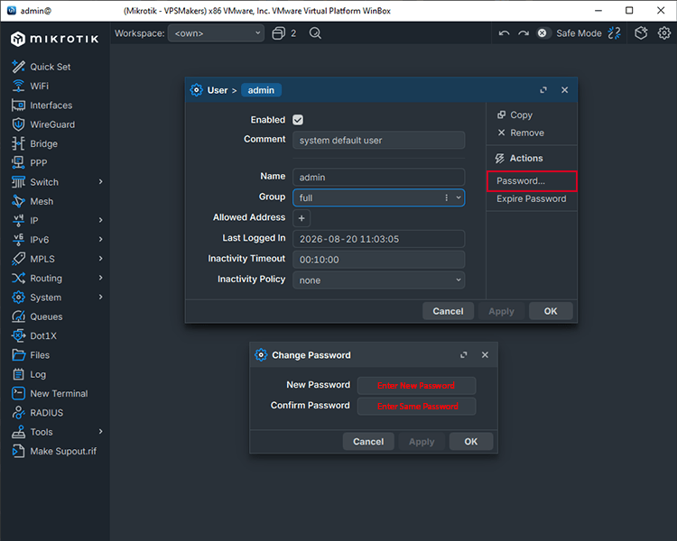 change password in mikrotik using winbox