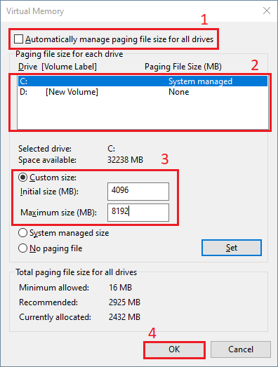 Change virtual memory value in Windows