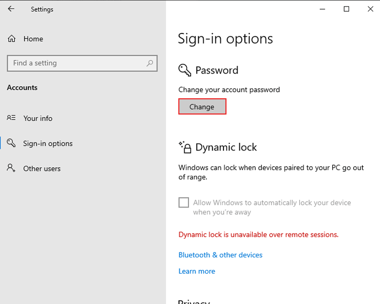 change windows password using windows settings