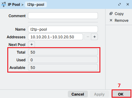 check IP Pool amounts for L2TP