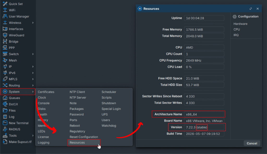 checking mikrotik architectuer and version