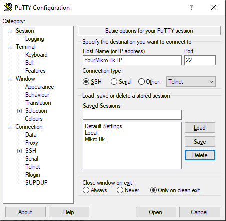 Connect to MikroTik using Putty