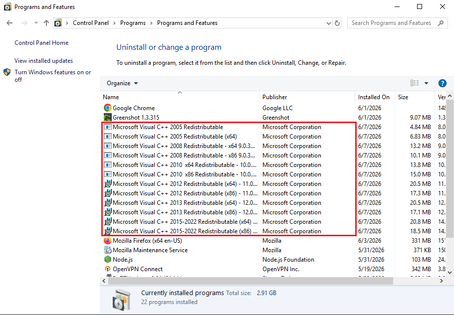control panel programs installed list