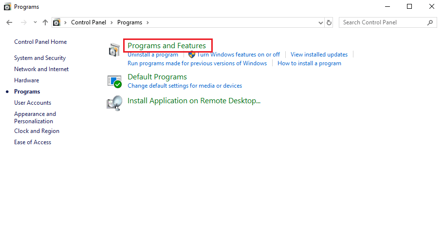 control panel programs and features