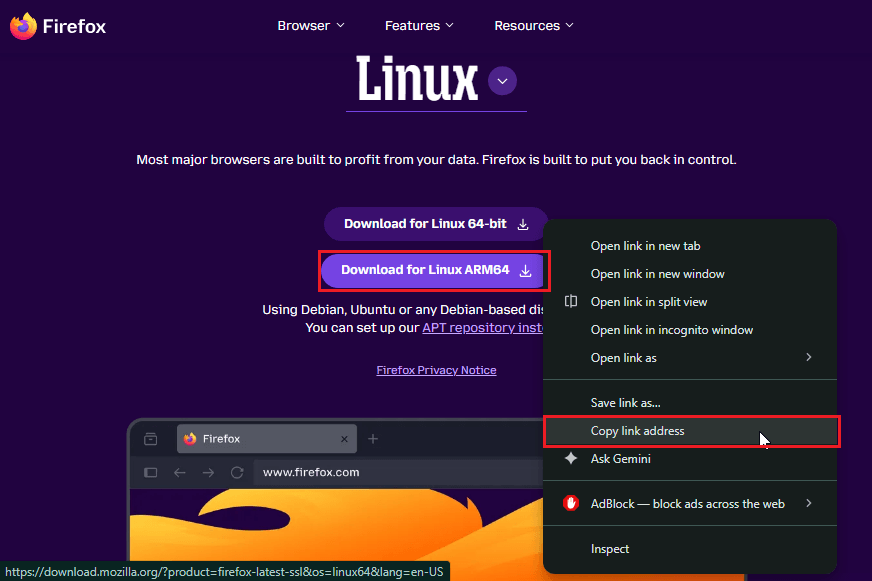 copy firefox download link from mozilla official website
