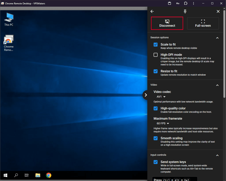 disconnect from remote session in chrome remote desktop