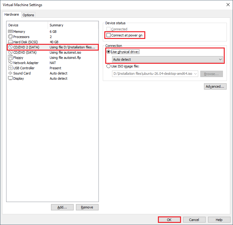 dismound ubuntu installer iso in vmware
