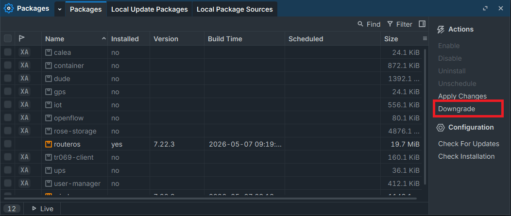 in packages page click on downgrade