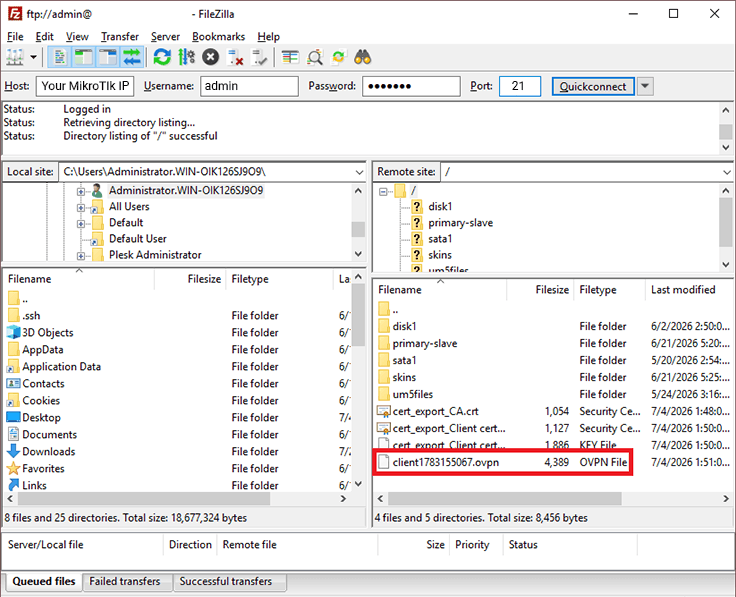 download openvpn config file with mikrotik wih filezilla