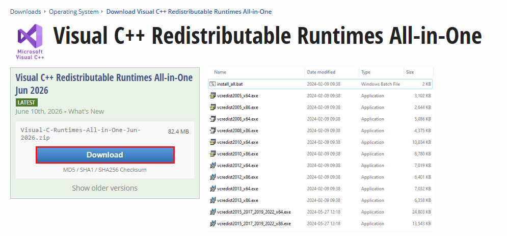 download visual c++ reditributable all in one package for windows server