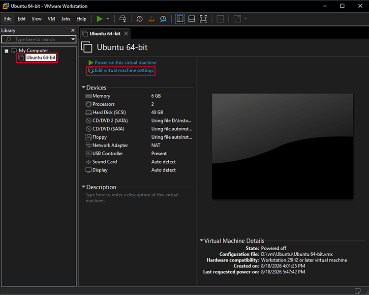 edit virtual machine settings