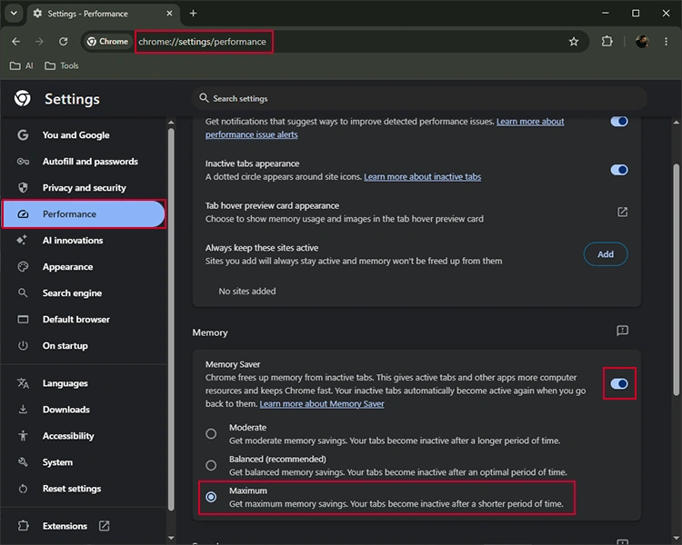 enable chrome memory saver
