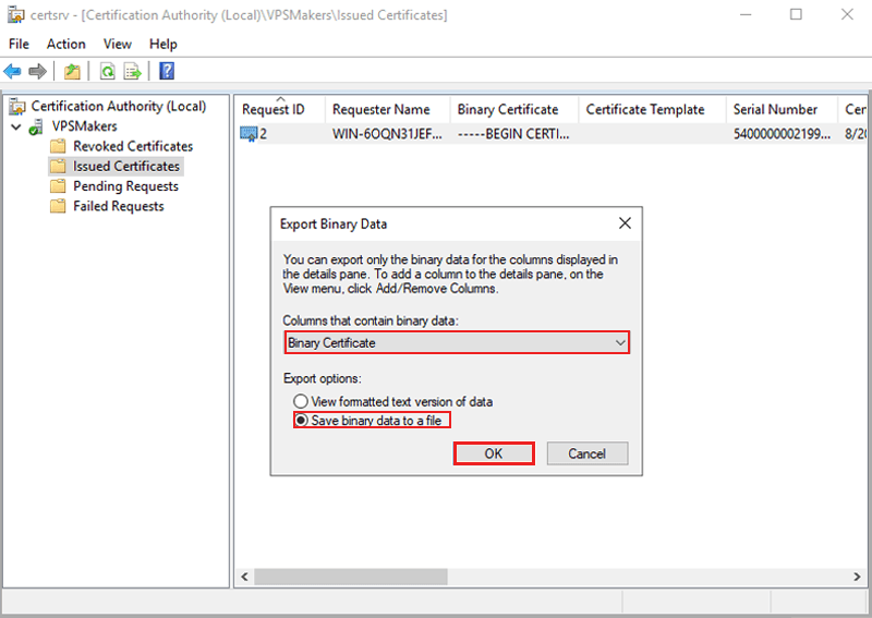 export issued certificate using certsrv