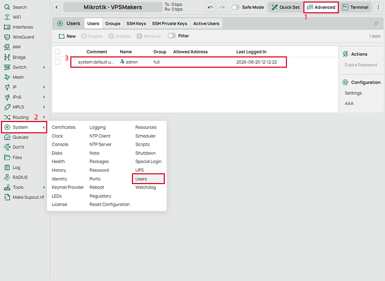 open system user setting in webfig mikrotik