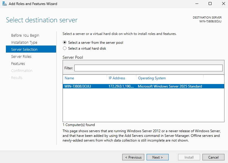 selecting the server to install feature on it windows server