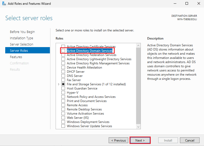 select ad ds to instal lon windows server 
