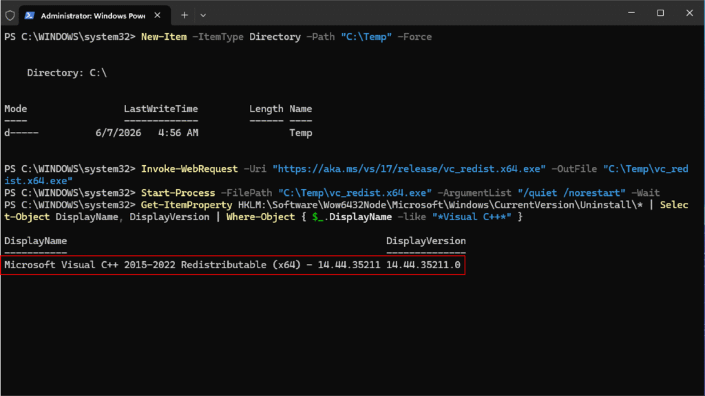 install visual C++ with power shell windows server