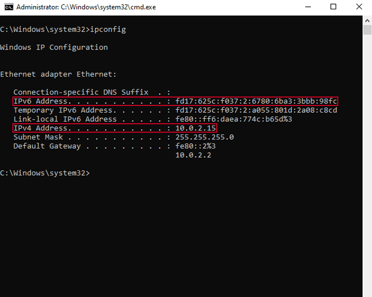find Windows IP address with ipconfig command