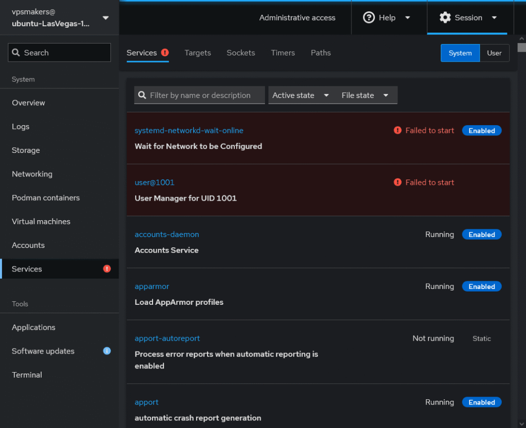 linux services using Cockpit