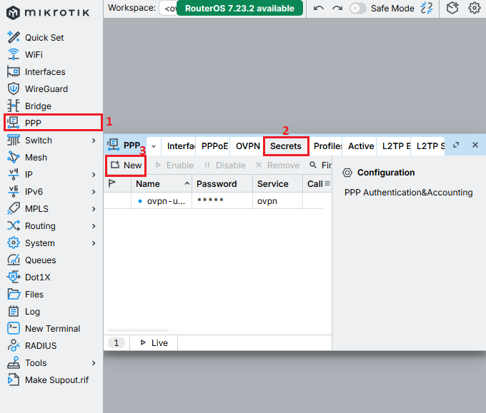 navigate to PPP secret creation for L2TP