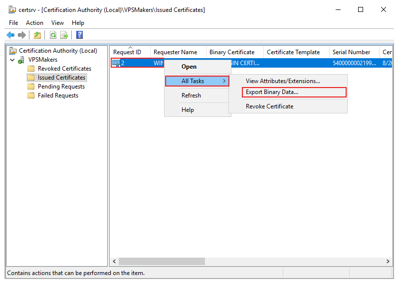 navigating to export certificate