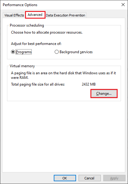 Open virtual memory setting in windows