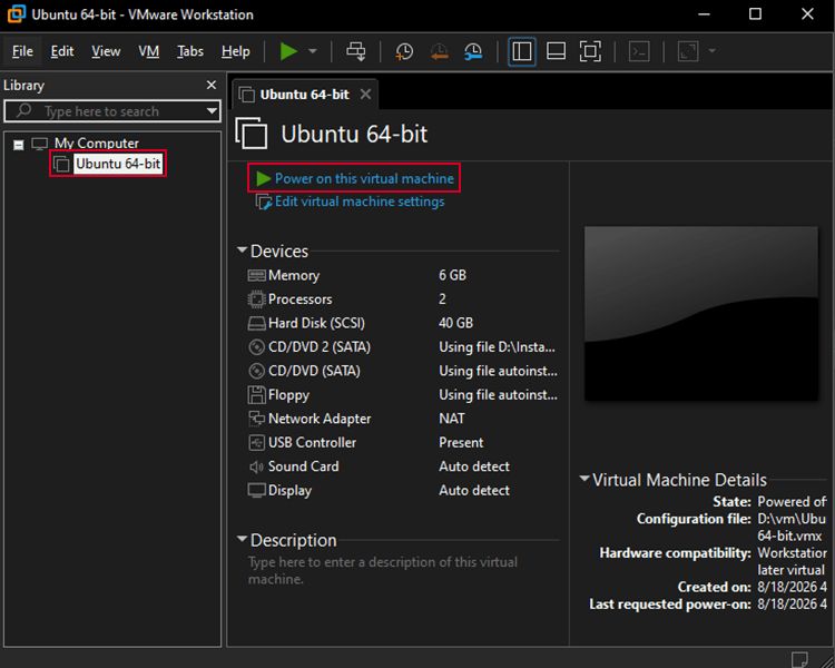 power on virtual machine vmware