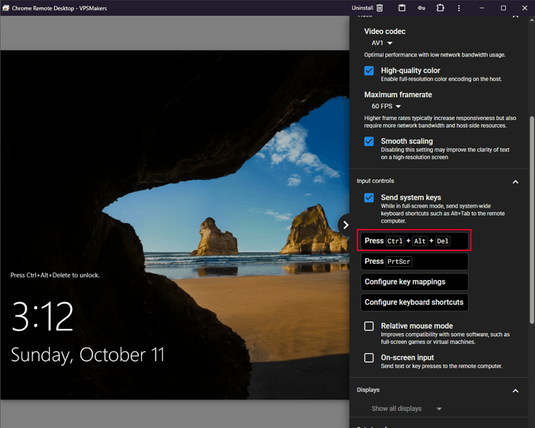 press ctrl + alt + delete on chrome remote desktop to login to your Windows