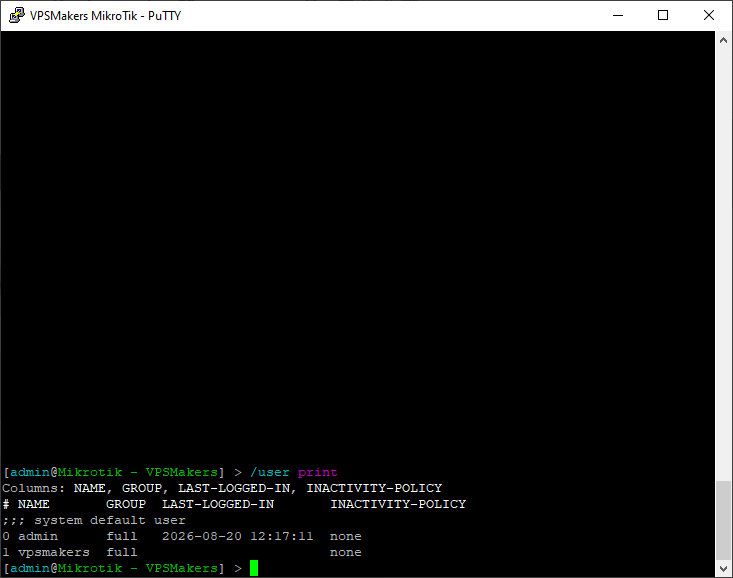 print users in mikrotik using command
