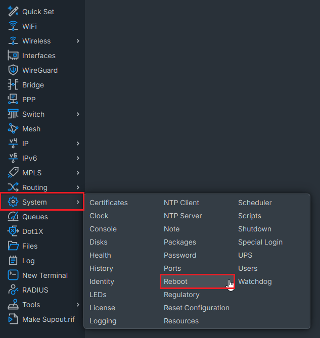 reboot mikrotik device via winbox