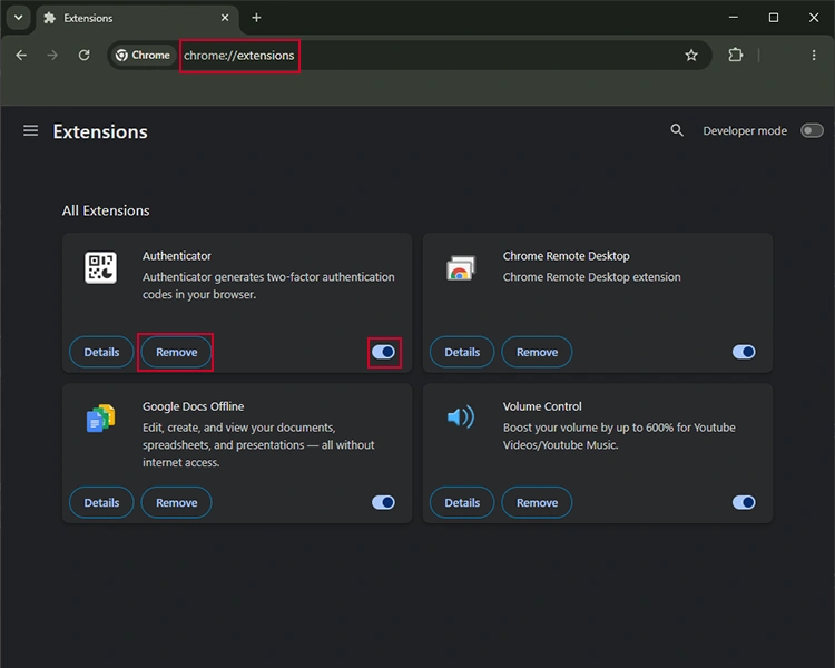 remove or disable chrome extension