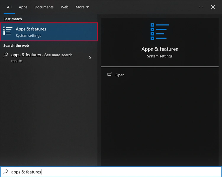 search for apps and features in Windows