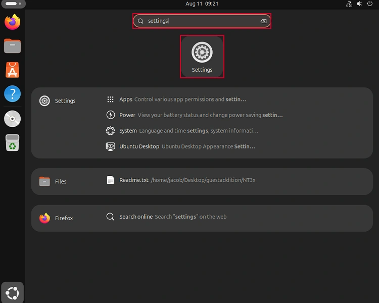 search for setting in Ubuntu Desktop