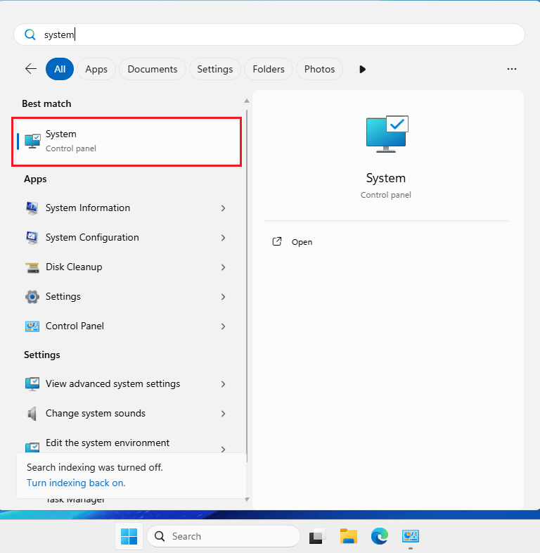in start menu search for system
