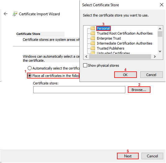 select certificate store in personal