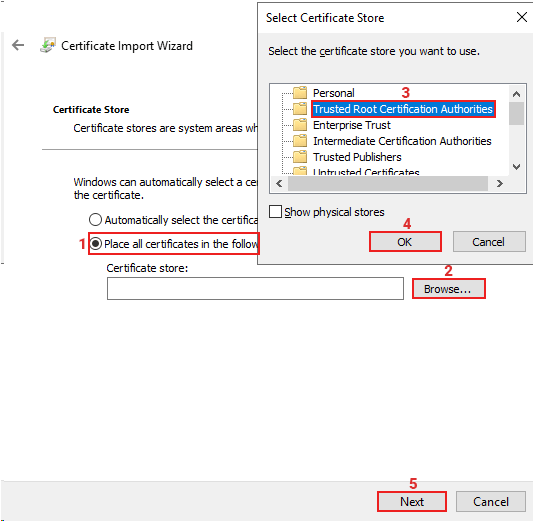 select certificate store in root