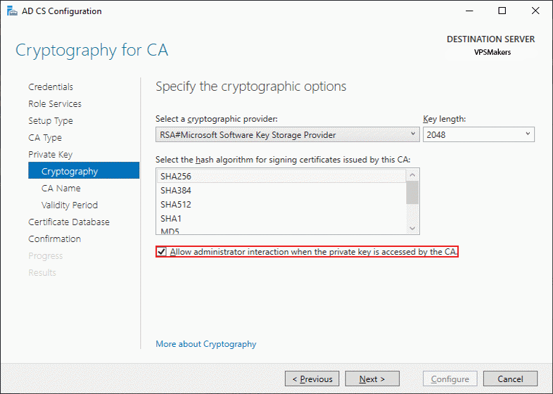 select cryptographic type of new private key