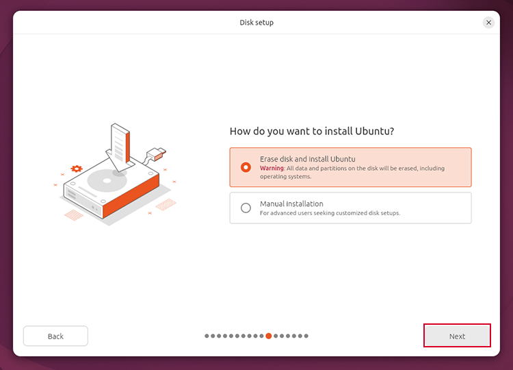 select erase this and install ubuntu on vm