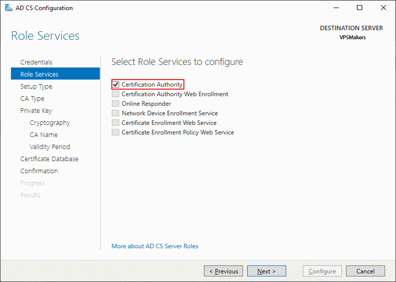 select which adcs service you want to configure