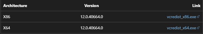 select your arcitecture to download visual C++ package