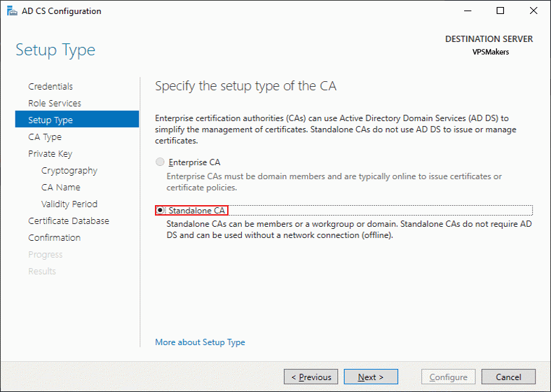 selecting between enterprsie or standalone ca