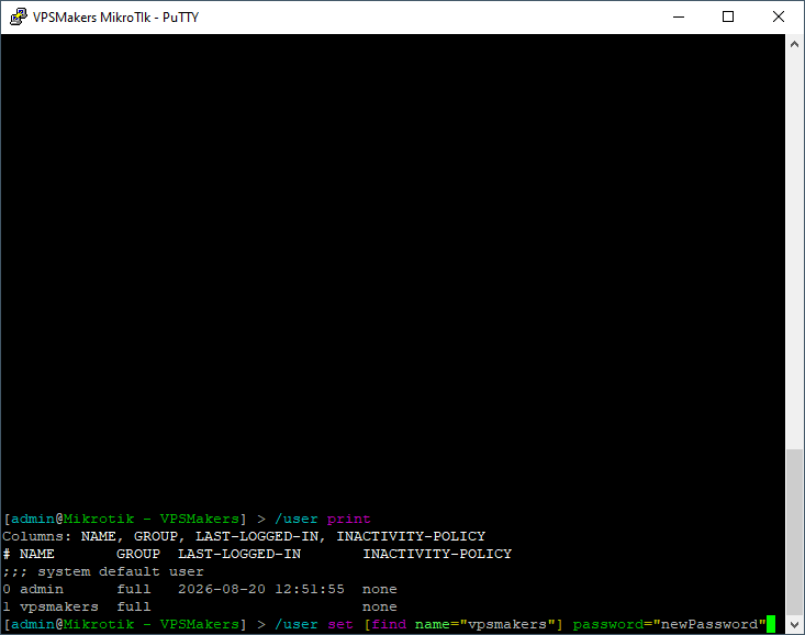 set password to another user in Mikrotik cli