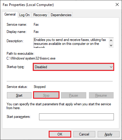 stop service set the service status type disable in windows