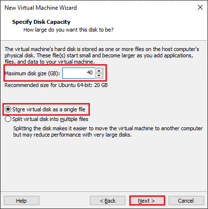 specify disk size for your virtual machine in vmware