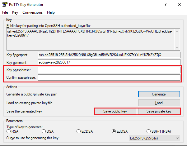 specifiy password for ssh keys in putty and save them