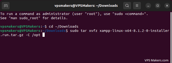 sudo tar xvfz xampp-linux-x64-8.1.2-0-installer.run.tar.gz -C /opt