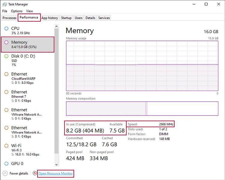 task manager memory monitoring tab