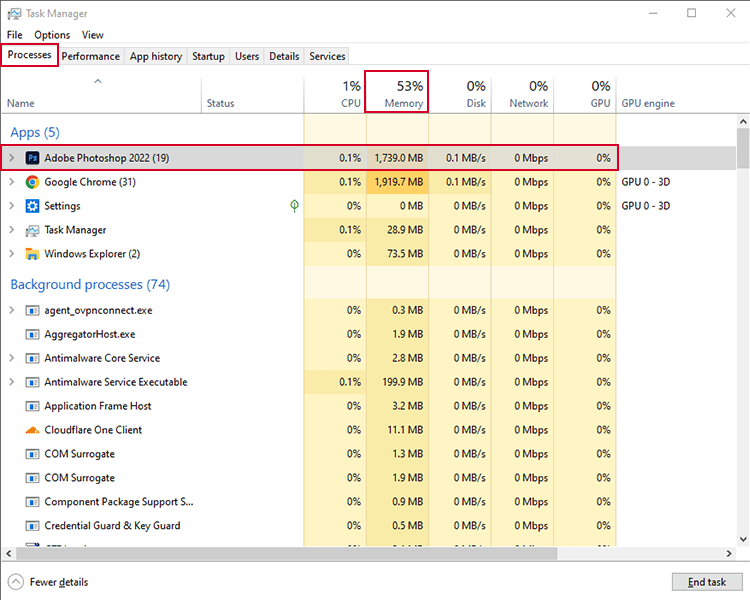task manager processes page