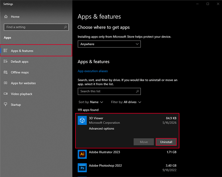 uninstall application in windows
