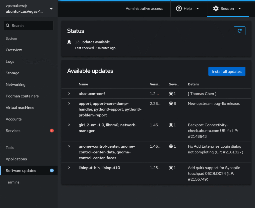 update linux server software using cockpit